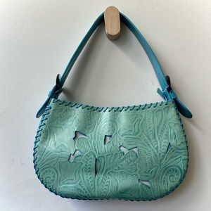 Stunning baby blue hand tooled leather shoulder bag by Via Spiga - Made in Italy